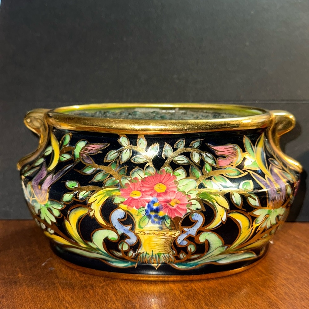 H. Bequet #14 Hand Painted Belgium Vase/Planter Black Floral Gold Asian